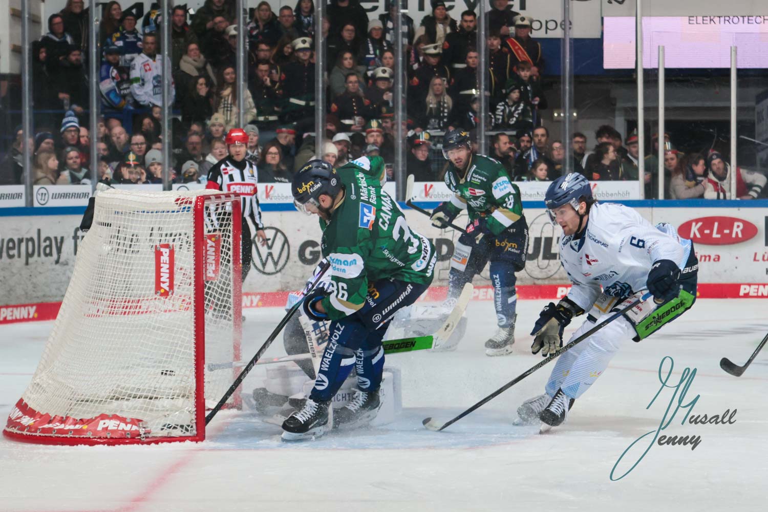 Henrik Haukeland (Straubing Tigers), Anthony Camara (Iserlohn Roosters) mit dem Tor.