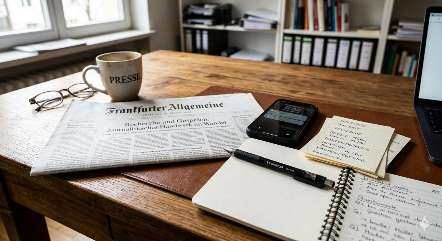 Arbeitsplatz eines Reporters mit einer Zeitung, einem Smartphone und einem Notizblock. Die Utensilien dienen der Vorbereitung auf ein journalistisches Interview. Im Hintergrund steht eine Kaffeetasse mit der Aufschrift „PRESSE“.