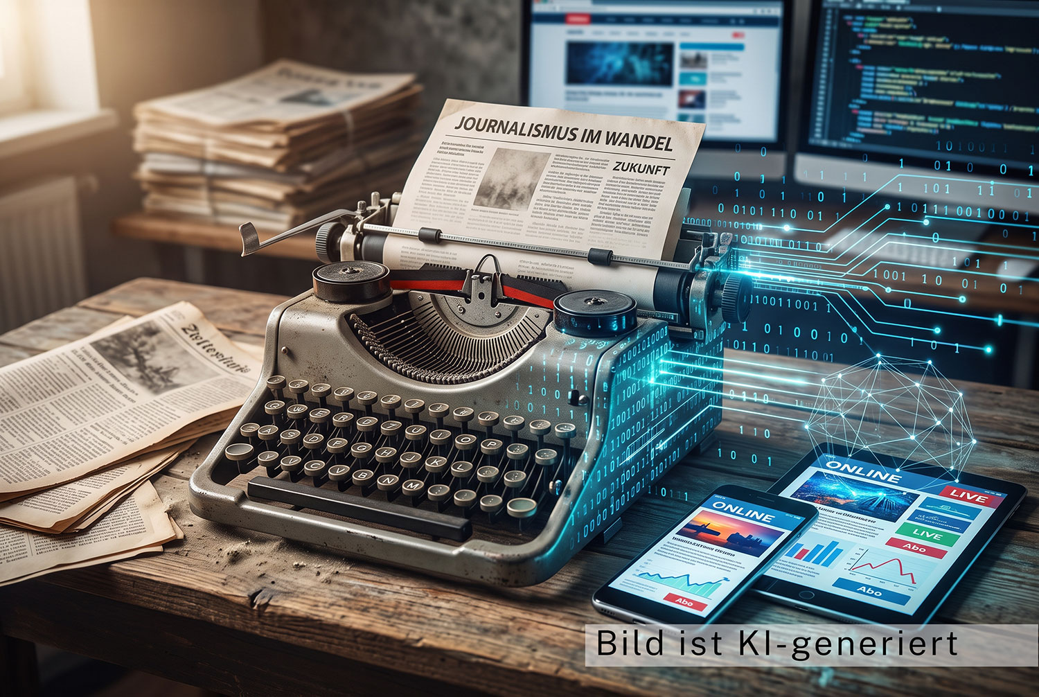 Journalismus im Wandel. Wo früher noch Schreibmaschinen genutzt wurden, werden heute Laptops und Tablets verwendet. Foto ist KI-generiert Journalismus im Wandel. Wo früher noch Schreibmaschinen genutzt wurden, werden heute Laptops und Tablets verwendet. Foto ist KI-generiert