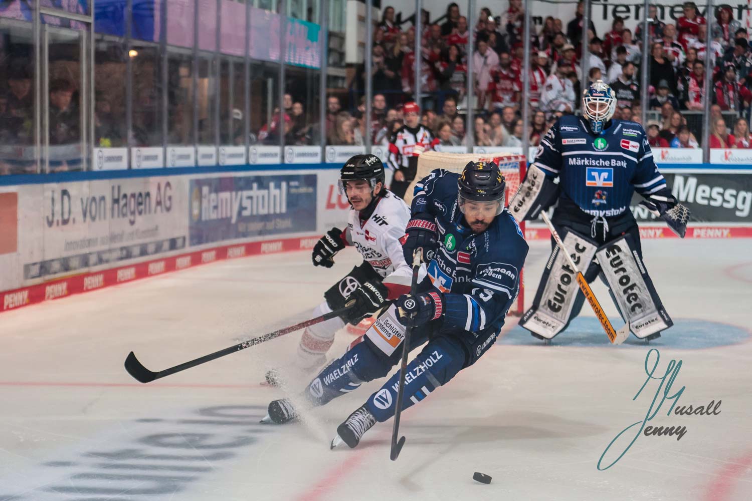 Daniel Fischbuch (Kölner Haie) im Zweikampf mit Colin Ugbekile (Iserloh n Roosters). Im Hintergrund Hendrik Hane (Iserlohn Roosters)